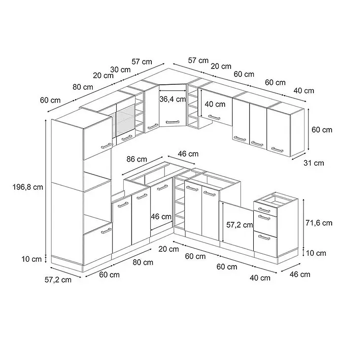 Vicco Eckküche R-Line Anthrazit Landhaus/Goldkraft Eiche ohne Arbeitsplatte - Anthrazit Landhaus, Ohne Elektrogeräte - Detaillierte Strichzeichnung einer modularen Küchenzeile mit Schränken und Maßangaben zur Planung.