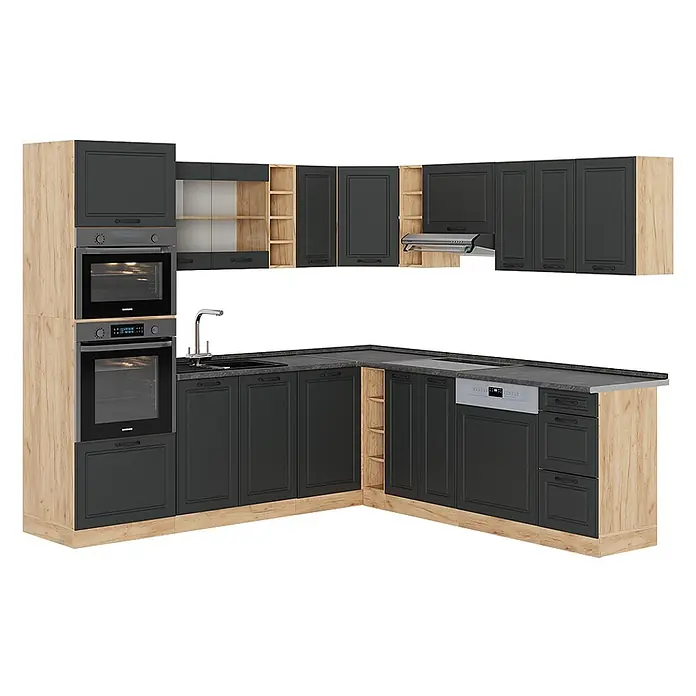 Vicco Eckküche R-Line Anthrazit Landhaus/Goldkraft Eiche, AP Anthrazit - B x T: 247 x 60 cm, Anthrazit Landhaus, Ohne Elektrogeräte - L-förmige Küche mit anthrazitfarbenen Schränken, hellen Holzdetails, integrierten Öfen, Spüle, Geschirrspüler und Kochfeld.