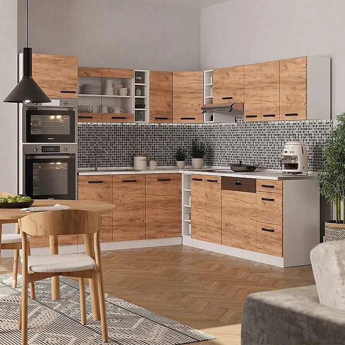 Vicco Eckküche R-Line Goldkraft Eiche/Weiß AP Anthrazit - Goldkraft Eiche, Ohne Elektrogeräte - Moderne Küche mit Holzmaserungsschränken, weißen Rahmen/Arbeitsplatten, schwarzem Mosaikfliesenspiegel und integrierten Geräten.