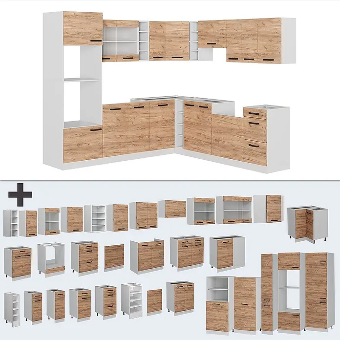 Vicco Eckküche R-Line Goldkraft Eiche/Weiß AP Anthrazit - Goldkraft Eiche, Ohne Elektrogeräte - Weiße modulare Küchenschränke mit hellen Holzmaserungsfronten und schwarzen Griffen, montiert und als Einzelmodule gezeigt.