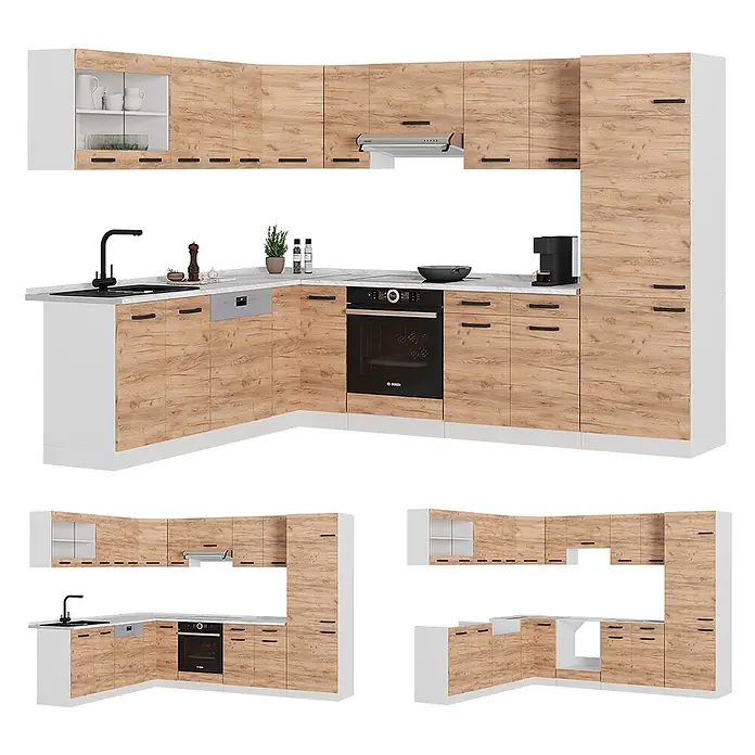 Vicco Eckküche R-Line Goldkraft Eiche/Weiß AP Marmor - Goldkraft Eiche, Ohne Elektrogeräte