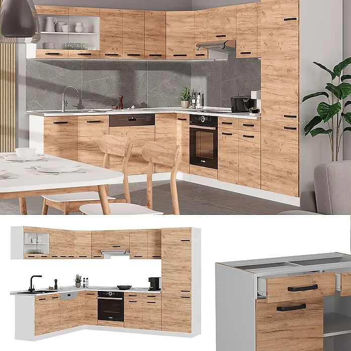 Vicco Eckküche R-Line Goldkraft Eiche/Weiß AP Marmor - Goldkraft Eiche, Ohne Elektrogeräte - Eckküchenschrank-Set in heller Eichenholzoptik mit schwarzen Griffen und weißen Elementen.