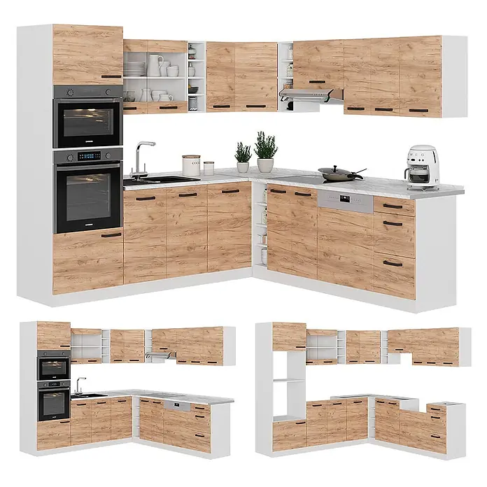Vicco Eckküche R-Line Goldkraft Eiche/Weiß AP Anthrazit - Goldkraft Eiche, Ohne Elektrogeräte - Moderne L-förmige Küchenzeile mit hellen Holzoptik-Schränken, weißen Rahmen und integrierten Geräten.