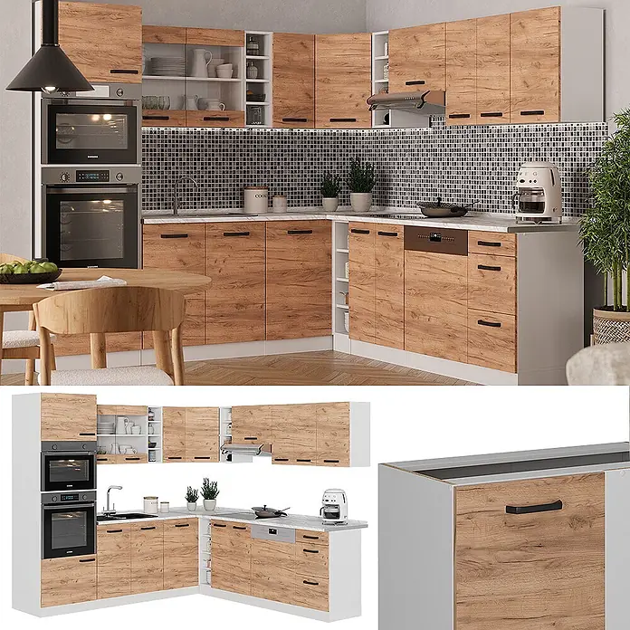 Vicco Eckküche R-Line Goldkraft Eiche/Weiß AP Anthrazit - Goldkraft Eiche, Ohne Elektrogeräte - Moderne L-förmige Küche mit Holzmaserungsschränken, weißen Arbeitsplatten und integrierten Geräten.