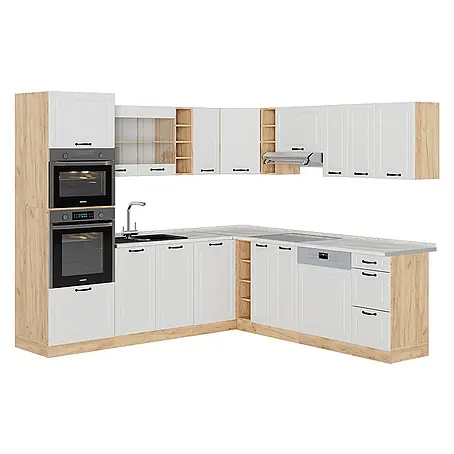 Vicco  Eckküche R-Line Weiß Landhaus/Goldkraft Eiche, AP Marmor