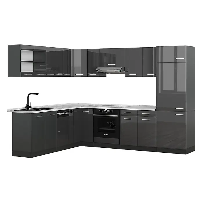Vicco Eckküche R-Line Anthrazit Hochglanz/Anthrazit, AP Marmor - B x T: 287 x 60 cm, Anthrazit Hochglanz, Ohne Elektrogeräte - L-förmige, glänzende dunkelgraue Küchenzeile mit weißer Arbeitsplatte, integrierter Spüle, Armatur, Backofen, Kochfeld, Dunstabzugshaube, Geschirrspüler und Hochschrank.