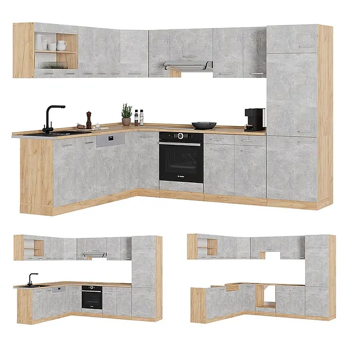 Vicco Eckküche R-Line Beton/Goldkraft Eiche ohne Arbeitsplatte - Beton, Ohne Elektrogeräte - L-förmige Küche, Hellgrau Betonoptik mit Holzelementen, integrierte Geräte.