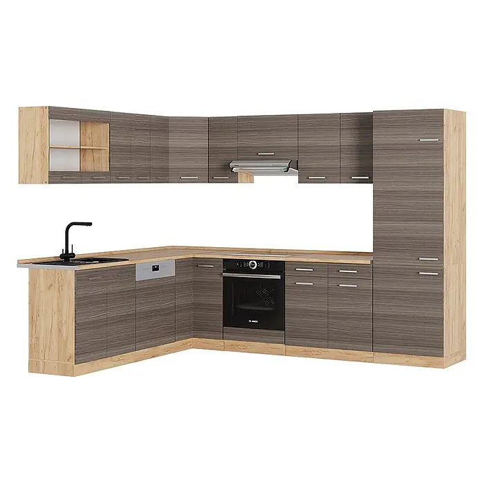 Vicco Eckküche R-Line Edelgrau/Goldkraft Eiche ohne Arbeitsplatte - B x T: 287 x 46 cm, Edelgrau, Ohne Elektrogeräte - L-förmige Küche in dunkelgrauem Holzdekor mit hellen Holzakzenten, inkl. Spüle, Backofen und Geschirrspüler.