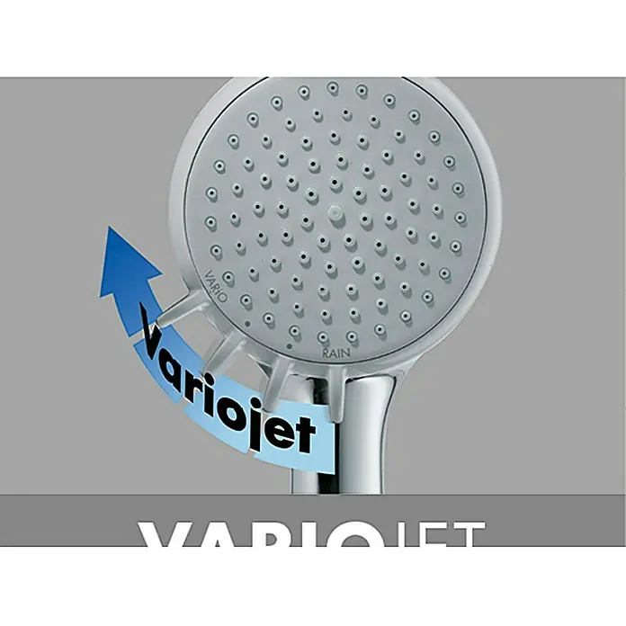 Hansgrohe Duschsystem Croma Showerpipe 160 - Mit Thermostatarmatur, Lochabstand: 93,2 cm, Anzahl Strahlarten: 4 Stk., Chrom, Höhe: 110,1 cm - Nahaufnahme eines Hansgrohe Variojet Duschkopfes mit verschiedenen Strahlarten, hervorgehoben durch einen blauen Pfeil und Beschriftung.