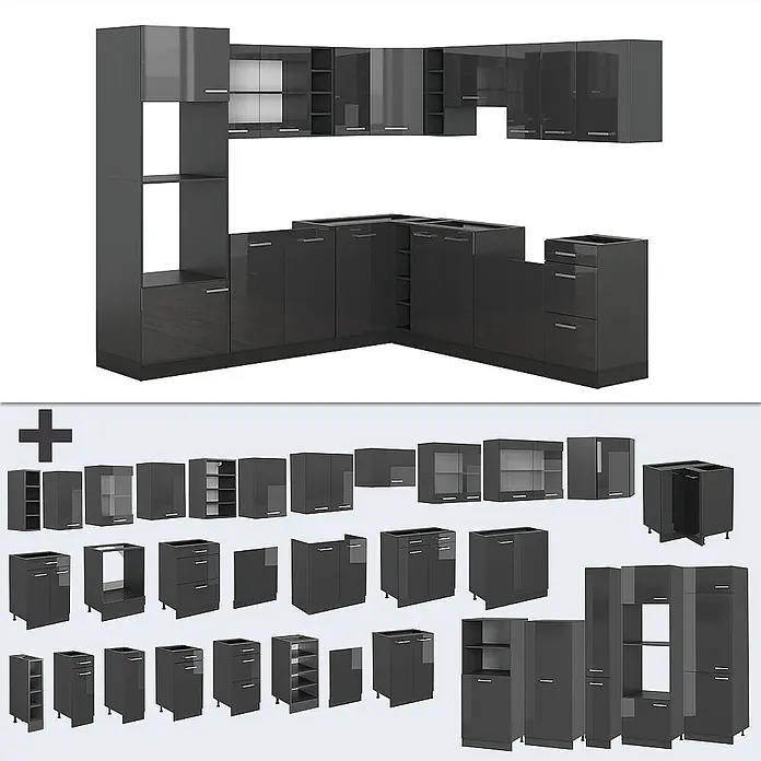 Vicco Eckküche R-Line Anthrazit Hochglanz/Anthrazit, AP Anthrazit - B x T: 247 x 60 cm, Anthrazit Hochglanz, Ohne Elektrogeräte - Glänzende, dunkelgraue modulare Küchenschrank-Garnitur mit L-förmiger Anordnung und Einzelteilen.