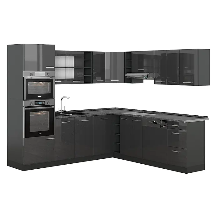 Vicco Eckküche R-Line Anthrazit Hochglanz/Anthrazit, AP Anthrazit - B x T: 247 x 60 cm, Anthrazit Hochglanz, Ohne Elektrogeräte - Glänzende dunkelgraue L-förmige Küche mit integrierten Öfen, Spüle, Kochfeld, Geschirrspüler und vielen Schränken.
