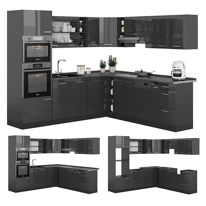 Vicco Eckküche R-Line Anthrazit Hochglanz/Anthrazit, AP Anthrazit - B x T: 247 x 60 cm, Anthrazit Hochglanz, Ohne Elektrogeräte - Modernes L-förmiges Küchenset in glänzendem Dunkelgrau mit integrierten Geräten und viel Stauraum.