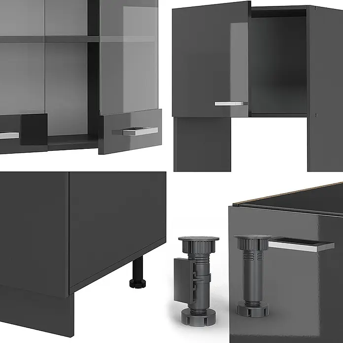 Vicco Eckküche R-Line Anthrazit Hochglanz/Anthrazit, AP Anthrazit - B x T: 247 x 60 cm, Anthrazit Hochglanz, Ohne Elektrogeräte - Dunkelgraue modulare Schränke mit Glastüren, Schubladen und verstellbaren Nivellierfüßen für Küche oder Lagerung.