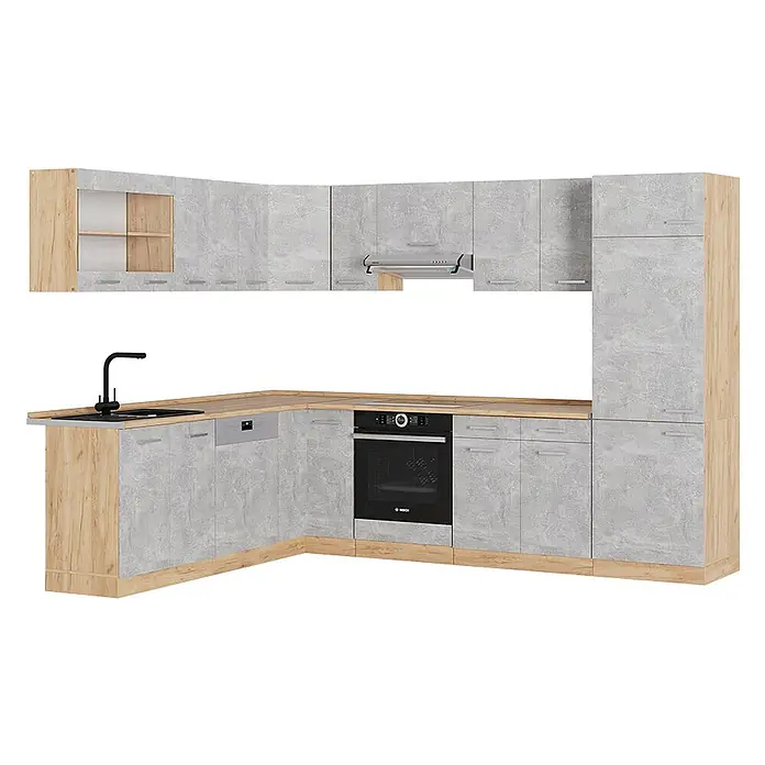 Vicco Eckküche R-Line Beton/Goldkraft Eiche, AP Eiche - B x T: 287 x 60 cm, Beton, Ohne Elektrogeräte - L-förmige Küche mit grauen Beton-Fronten, heller Holz-Arbeitsplatte und Akzenten, inkl. Spüle, Backofen und Geschirrspüler.