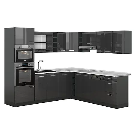 Vicco  Eckküche R-Line Anthrazit Hochglanz/Anthrazit, AP Marmor