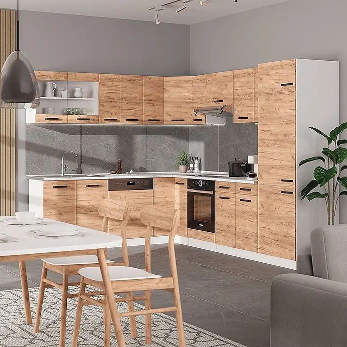 Vicco Eckküche R-Line Goldkraft Eiche/Weiß AP Eiche - Goldkraft Eiche, Ohne Elektrogeräte - Moderne Eckküche mit hellen Holzmaserungsschränken, dunklen Griffen und grauer Arbeitsplatte, mit integrierten Geräten.