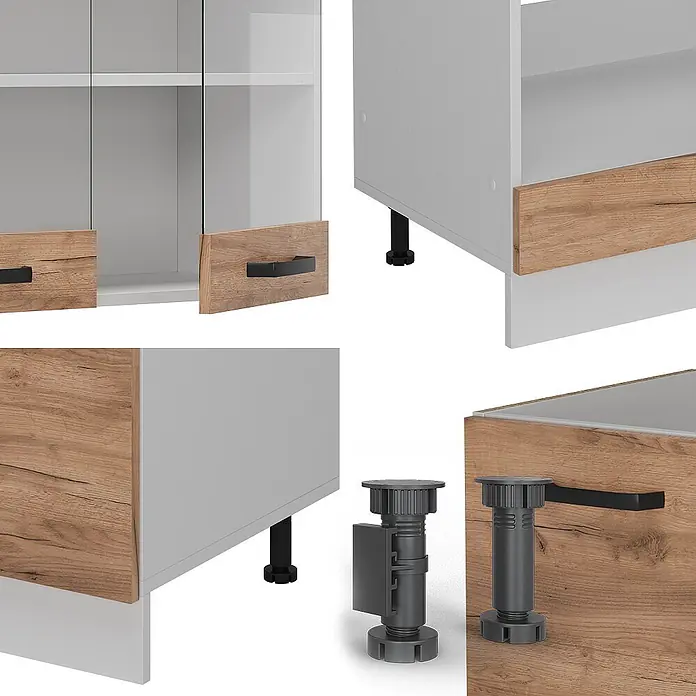 Vicco Eckküche R-Line Goldkraft Eiche/Weiß AP Eiche - Goldkraft Eiche, Ohne Elektrogeräte - Modulares Schranksystem mit weißen Paneelen, Holzdekorfronten, schwarzen Griffen und verstellbaren Füßen, inkl. Glastüren.