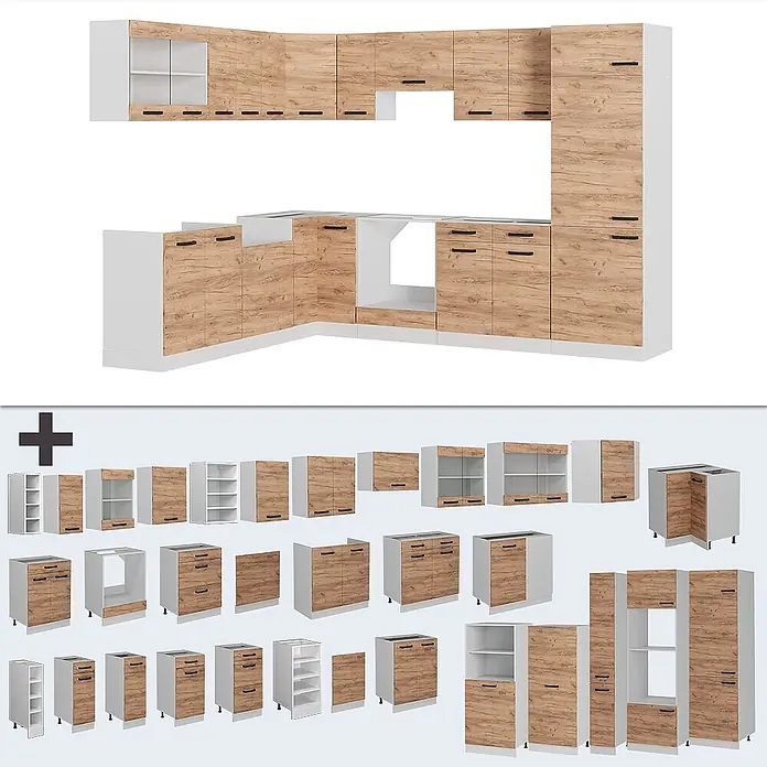Vicco Eckküche R-Line Goldkraft Eiche/Weiß AP Eiche - Goldkraft Eiche, Ohne Elektrogeräte - Modulare Küchenschränke in heller Holzoptik und Weiß.