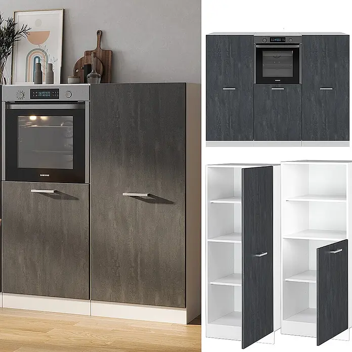 Vicco Küchenleerblock R-Line Schwarz Beton/Weiß ohne Arbeitsplatte - Schwarz Beton - Dunkelgraue modulare Küchenschränke in Betonoptik mit integriertem Backofen und weißen Innenregalen.