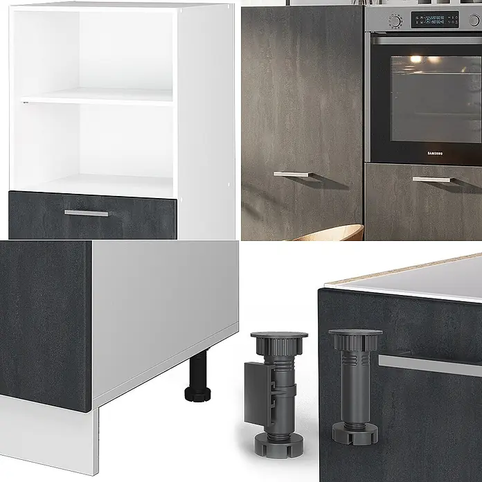 Vicco Küchenleerblock R-Line Schwarz Beton/Weiß ohne Arbeitsplatte - Schwarz Beton - Modulares Küchenschranksystem in Weiß und Dunkelgrau, mit offenem Schrank, Ofeneinheit und verstellbaren schwarzen Füßen.