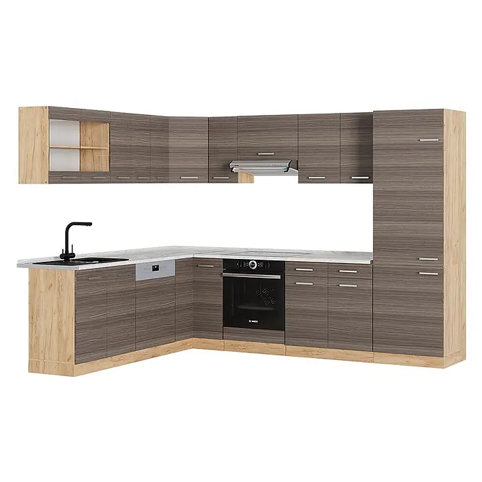 Vicco Eckküche R-Line Edelgrau/Goldkraft Eiche, AP Marmor - B x T: 287 x 60 cm, Edelgrau, Ohne Elektrogeräte - L-förmige Küche mit grauen Holzmaserungsschränken, hellen Holzakzenten, weißer Arbeitsplatte, Spüle, Ofen und Geschirrspüler.