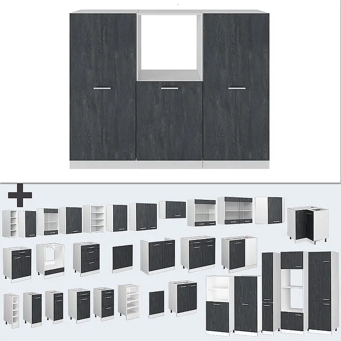 Vicco Küchenleerblock R-Line Schwarz Beton/Weiß ohne Arbeitsplatte - Schwarz Beton - Modulares Küchenschrank-Set mit dunkelgrauen Türen und weißen Rahmen, diverse Unter-, Ober- und Hochschränke für flexible Küchengestaltung.