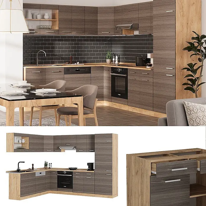 Vicco Eckküche R-Line Edelgrau/Goldkraft Eiche, AP Marmor - B x T: 287 x 60 cm, Edelgrau, Ohne Elektrogeräte - Moderne L-förmige Küchenschrank-Garnitur in dunkler Holzmaserung mit hellen Holzakzenten, integrierten Geräten und schwarzer Arbeitsplatte.