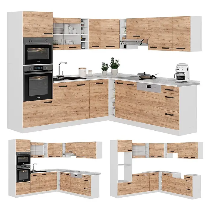 Vicco Eckküche R-Line Goldkraft Eiche/Weiß AP Eiche - Goldkraft Eiche, Ohne Elektrogeräte - Moderne L-förmige Küche mit Holzoptik-Schränken und weißen Akzenten, inklusive Backöfen, Spüle, Kochfeld und Spülmaschine.