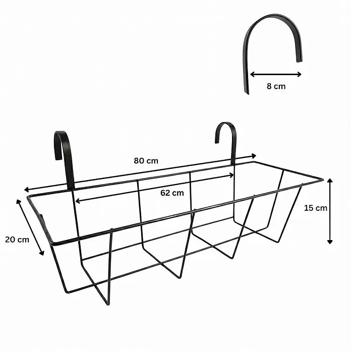 Plastard Pflanzkasten 80 cm selbstwässernd mit Hydroeinsatz & Metallkorb - Außenmaß (L x B x H): 80 x 21 x 17 cm, Kunststoff, Weiß - Schwarzer Draht-Pflanzenkastenhalter mit zwei Haken. Maße: 80 cm lang, 20 cm breit, 15 cm hoch, mit 8 cm Hakenöffnung.