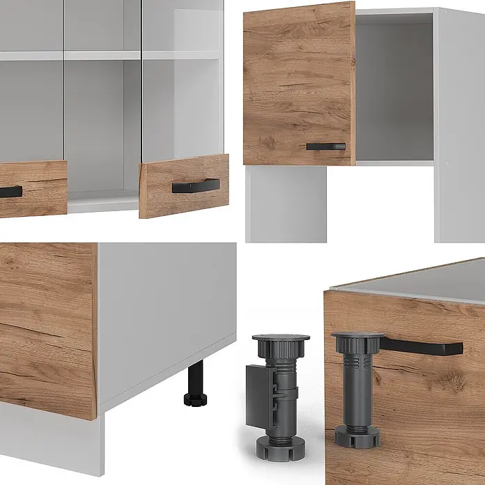Vicco Eckküche R-Line Goldkraft Eiche/Weiß AP Eiche - Goldkraft Eiche, Ohne Elektrogeräte - Modulare Möbelkomponenten: Türen mit heller Holzmaserung, graue Rahmen, schwarze Griffe und verstellbare dunkelgraue Füße.
