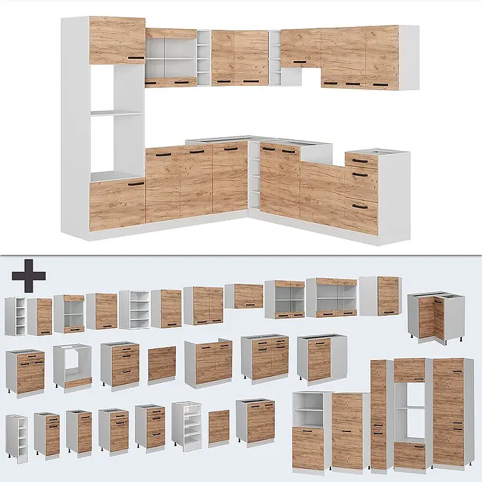Vicco Eckküche R-Line Goldkraft Eiche/Weiß AP Eiche - Goldkraft Eiche, Ohne Elektrogeräte - Modulare Küche mit hellen Holzoptik-Fronten und weißen Elementen, als Aufbau und Einzelteile dargestellt.
