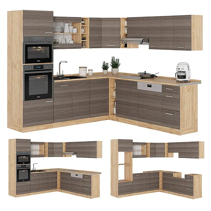 Vicco Eckküche R-Line Edelgrau/Goldkraft Eiche, AP Eiche - B x T: 247 x 60 cm, Edelgrau, Ohne Elektrogeräte - L-förmige Küchenzeile in hellem Holz und dunkler Holzmaserung, mit integrierten Öfen, Spüle, Herd und Geschirrspüler.