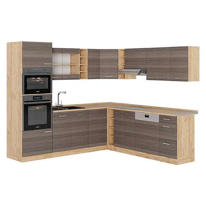 Vicco Eckküche R-Line Edelgrau/Goldkraft Eiche, AP Eiche - B x T: 247 x 60 cm, Edelgrau, Ohne Elektrogeräte - Eckküche mit dunkel gemaserten Schränken, heller Arbeitsplatte, eingebauten Öfen, Spüle, Kochfeld und Geschirrspüler.