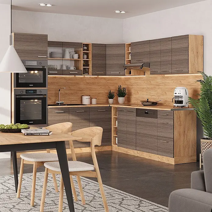 Vicco Eckküche R-Line Edelgrau/Goldkraft Eiche, AP Eiche - B x T: 247 x 60 cm, Edelgrau, Ohne Elektrogeräte - Moderne L-förmige Küche mit dunklen Holzmaserungsschränken und hellen Holzakzenten, integrierten Geräten und einer Holzrückwand.