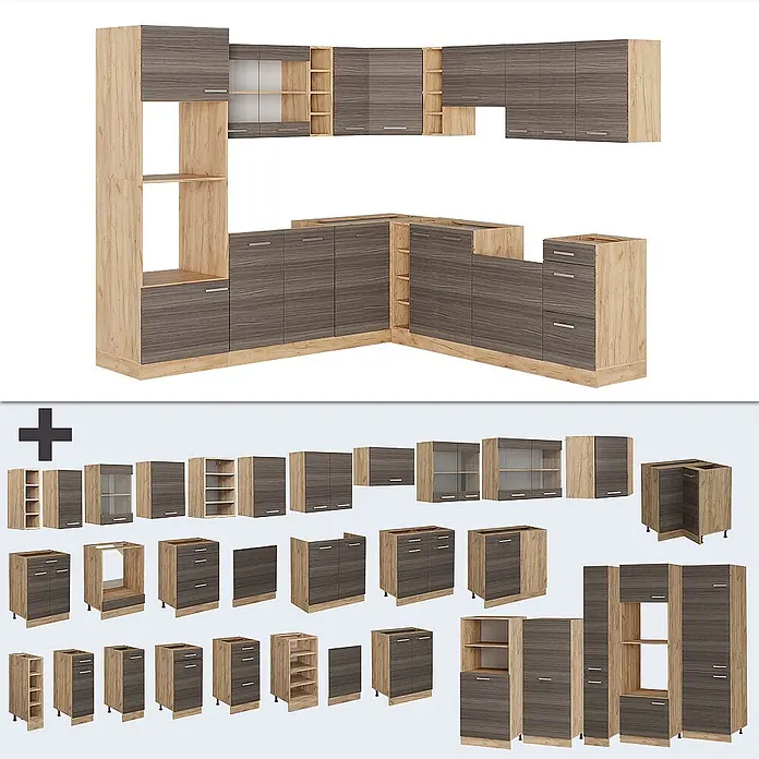 Vicco Eckküche R-Line Edelgrau/Goldkraft Eiche, AP Eiche - B x T: 247 x 60 cm, Edelgrau, Ohne Elektrogeräte - Modulare Küchenschränke in Grau-Holzmaserung mit hellen Holzrahmen, mit verschiedenen Unter-, Ober- und Hochschränken.