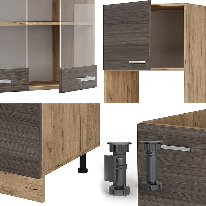 Vicco Eckküche R-Line Edelgrau/Goldkraft Eiche, AP Eiche - B x T: 247 x 60 cm, Edelgrau, Ohne Elektrogeräte - Zweifarbige modulare Schrankkomponenten in Dunkelgrau und heller Holzoptik mit Türen (teils Glas), silbernen Griffen und verstellbaren Möbelfüßen.