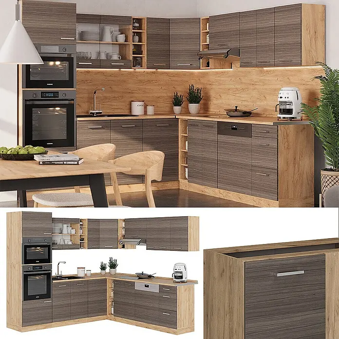 Vicco Eckküche R-Line Edelgrau/Goldkraft Eiche, AP Eiche - B x T: 247 x 60 cm, Edelgrau, Ohne Elektrogeräte - Moderne Eckküche aus zweifarbigem Holzdekor: dunkle Schränke mit hellen Arbeitsplatten und Paneelen, inklusive Geräten und Essbereich.
