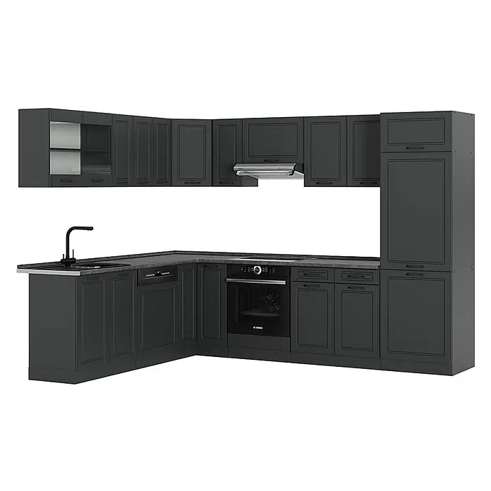 Vicco Eckküche R-Line Anthrazit Landhaus/Anthrazit, AP Anthrazit - B x T: 287 x 60 cm, Anthrazit Landhaus, Ohne Elektrogeräte - L-förmige anthrazitfarbene Küche mit integrierten Geräten wie Backofen, Spüle, Dunstabzugshaube und Hochschrank.