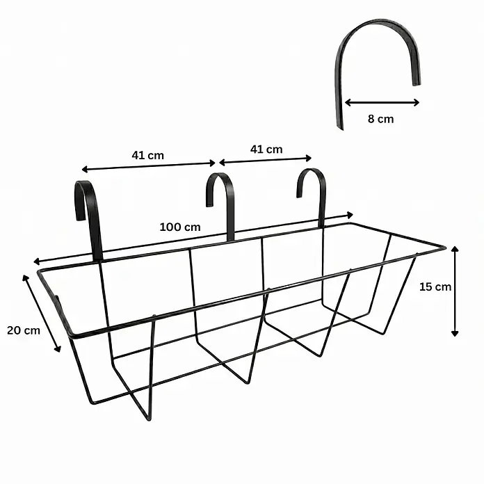 Plastard Pflanzkasten 100 cm selbstwässernd mit Hydroeinsatz & Metallkorb - Außenmaß (L x B x H): 100 x 21 x 17 cm, Kunststoff, Anthrazit - Schwarzer Draht-Hängekasten für Blumen mit drei Haken und sichtbaren Maßen.