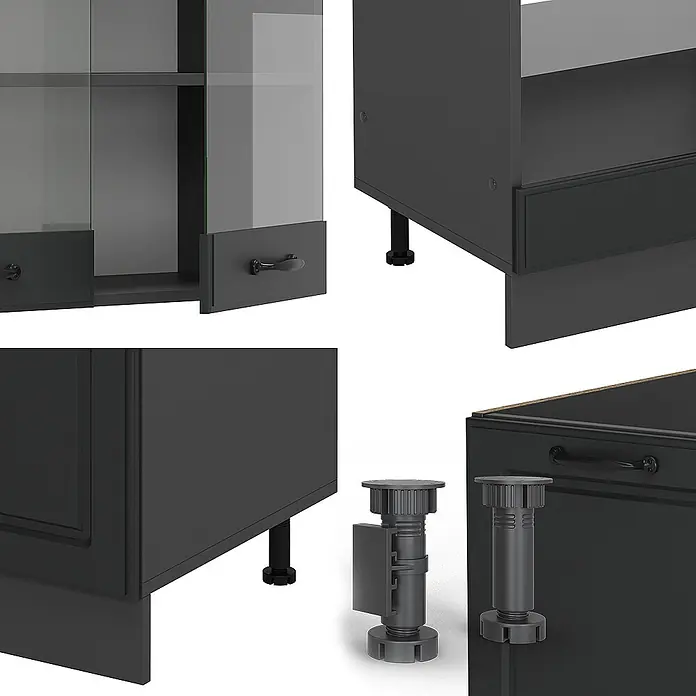 Vicco Eckküche R-Line Anthrazit Landhaus/Anthrazit, AP Anthrazit - B x T: 287 x 60 cm, Anthrazit Landhaus, Ohne Elektrogeräte - Dunkelgraue modulare Schranksysteme mit Glastüren, Schubladen und verstellbaren Nivellierfüßen.