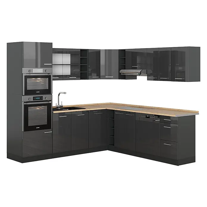 Vicco Eckküche R-Line Anthrazit Hochglanz/Anthrazit ohne Arbeitsplatte - B x T: 247 x 46 cm, Anthrazit Hochglanz, Ohne Elektrogeräte - Dunkelgraue Hochglanz-Einbauküche mit hellen Holz-Arbeitsplatten. Integrierte Öfen, Spüle, Kochfeld und Geschirrspüler für ein modernes Design.