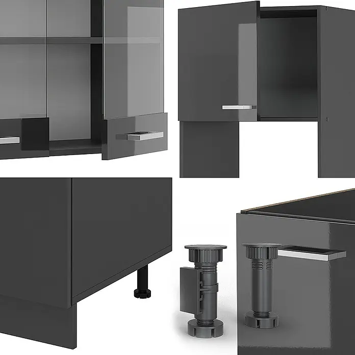 Vicco Eckküche R-Line Anthrazit Hochglanz/Anthrazit, AP Eiche - B x T: 247 x 60 cm, Anthrazit Hochglanz, Ohne Elektrogeräte - Dunkelgraue modulare Schränke mit Glastüren, silbernen Griffen und verstellbaren Füßen.