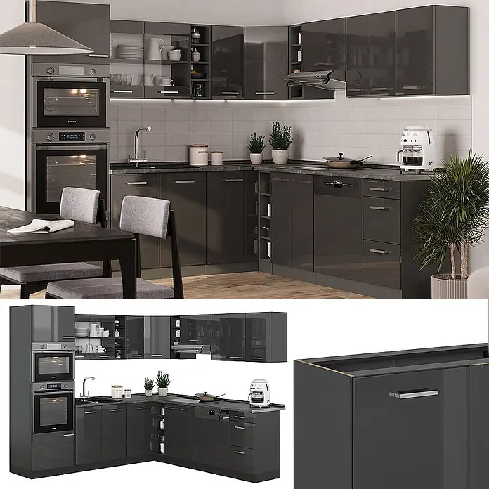 Vicco Eckküche R-Line Anthrazit Hochglanz/Anthrazit, AP Eiche - B x T: 247 x 60 cm, Anthrazit Hochglanz, Ohne Elektrogeräte - Moderne, hochglänzende L-förmige Küche in Dunkelgrau mit integrierten Geräten, eleganten Griffen und viel Stauraum.