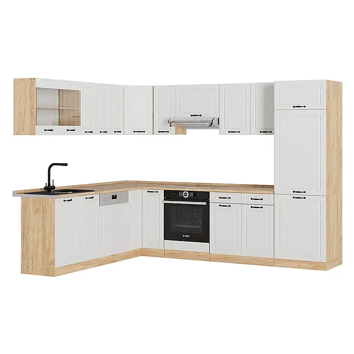 Vicco Eckküche R-Line Weiß Landhaus/Goldkraft Eiche, AP Eiche - B x T: 287 x 60 cm, Weiß Landhaus, Ohne Elektrogeräte - L-förmige Küchenzeile mit weißen Schränken, heller Holzoptik-Arbeitsplatte, Sockel und Seiten, inkl. Spüle, Backofen und Spülmaschine.