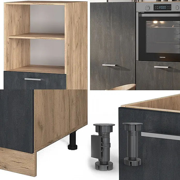 Vicco Küchenleerblock R-Line Schwarz Beton/Goldkraft Eiche ohne Arbeitsplatte - Breite: 180 cm, Schwarz Beton - Modulare Küchenschränke in Eichendekor und Dunkelgrau, mit offenen Regalen, Schublade, integriertem Backofen und verstellbaren Füßen.