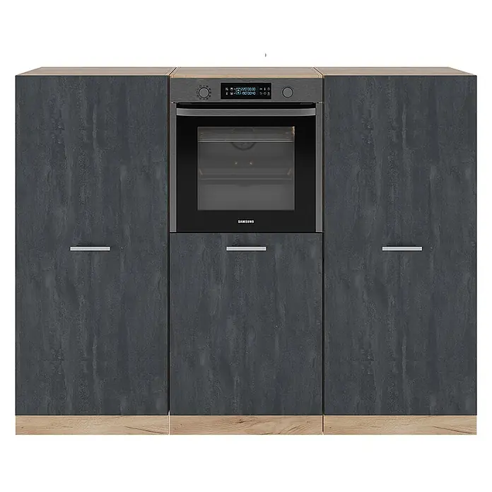 Vicco Küchenleerblock R-Line Schwarz Beton/Goldkraft Eiche ohne Arbeitsplatte - Breite: 180 cm, Schwarz Beton - Modulares Küchenschrank-Set in Dunkelgrau mit integriertem Samsung Backofen, heller Holzoptik-Arbeitsplatte und Sockel.
