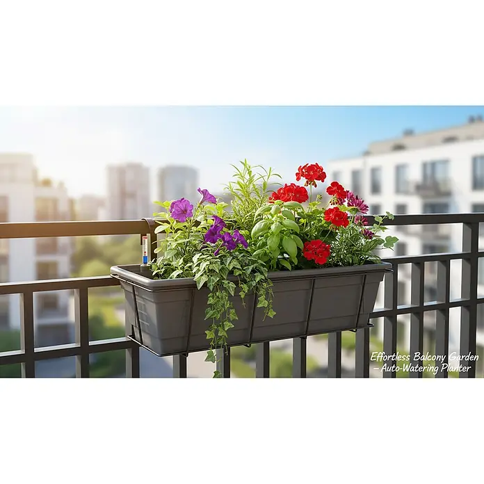 Plastard Pflanzkasten 100 cm selbstwässernd mit Hydroeinsatz & Metallkorb - Außenmaß (L x B x H): 100 x 21 x 17 cm, Kunststoff, Anthrazit - Dunkelgrauer selbstbewässernder Pflanzkasten mit Füllstandsanzeige, gefüllt mit bunten Blumen und Kräutern, am Balkongeländer.