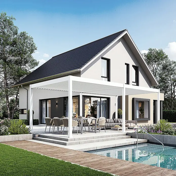 Weide Pergola E-Deluxe Elektrisch freistehend Aluminium 3,6 x 7,2 m Weiß - B x T: 720 x 360 cm, Farbe Gestell: Sandpapier FinishWeiss / RAL Farbcode 9016, Aluminium - Weiße Pergola mit Lamellendach über einer Terrasse mit Ess- und Loungebereich, neben modernem Haus und Pool.