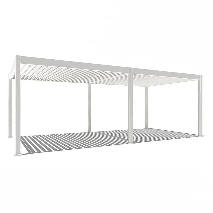 Weide Pergola E-Deluxe Elektrisch freistehend Aluminium 3,6 x 7,2 m Weiß - B x T: 720 x 360 cm, Farbe Gestell: Sandpapier FinishWeiss / RAL Farbcode 9016, Aluminium - Weiße Aluminium-Pergola mit Lamellendach, die parallele Schatten auf den Boden wirft.