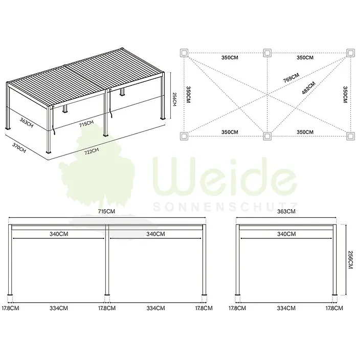 Weide Pergola E-Deluxe Elektrisch freistehend Aluminium 3,6 x 7,2 m Weiß - B x T: 720 x 360 cm, Farbe Gestell: Sandpapier FinishWeiss / RAL Farbcode 9016, Aluminium - Detailliertes Diagramm einer rechteckigen Lamellenpergola, mit Gesamt- und Strukturmaßen. Metallrahmen.